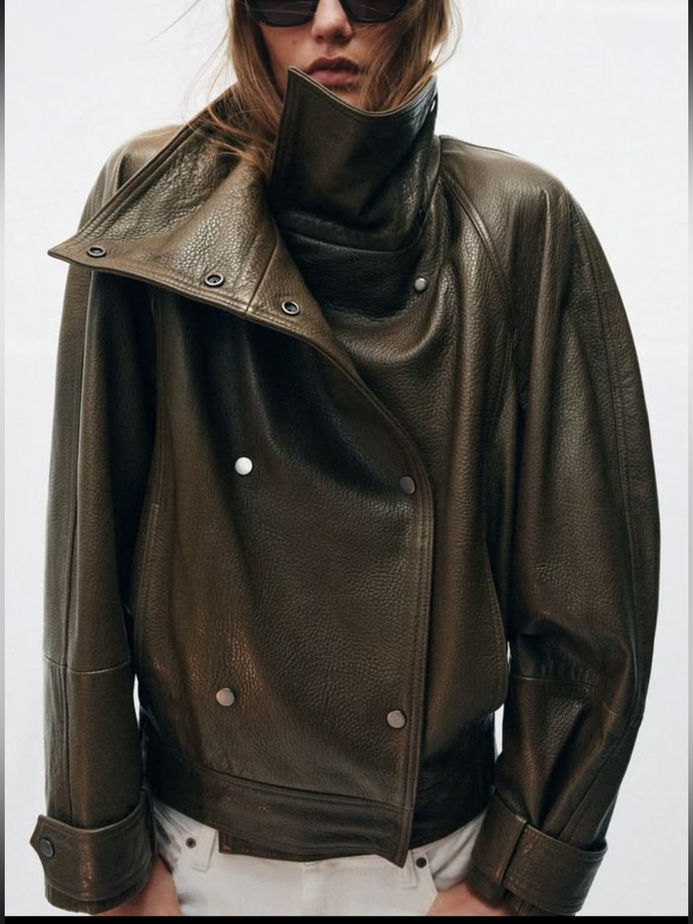 Zara Olive Green Leather Moto Jacket
